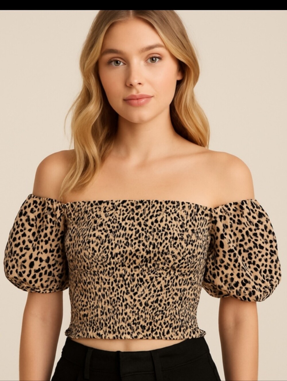 Smocked Animal Print Off-Shoulder Crop Top
